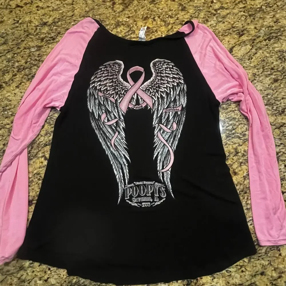 Poppy’s Savannah Pink Ribbon Angel Wings Shirt Women 2XL Fit Large Biker Graphic